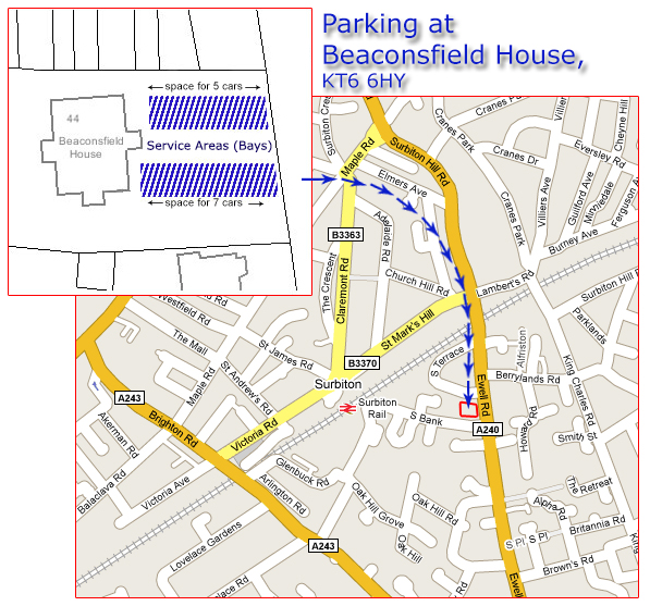 Map showing location of parking spaces at KT6 6HY, Surbiton